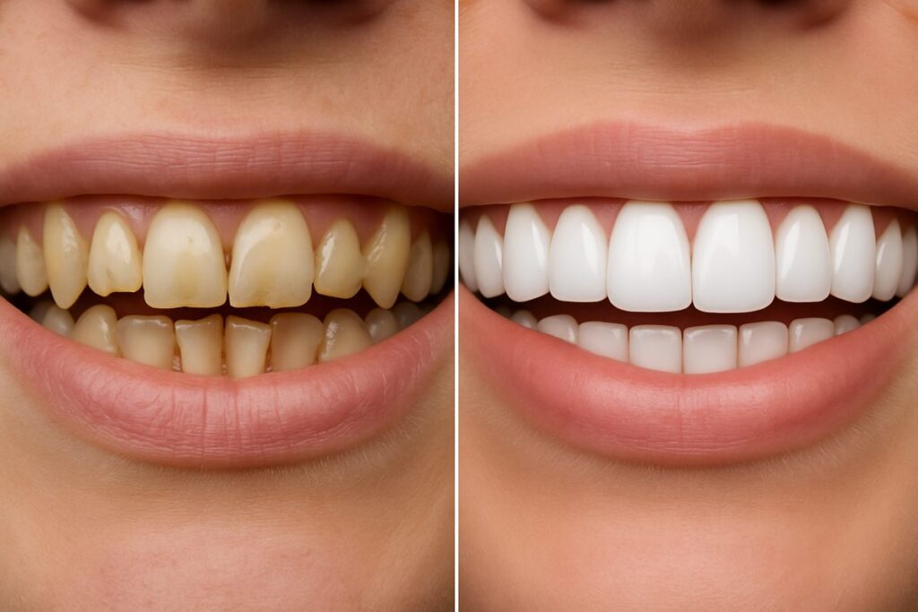 Image contrasting a set of stained and misaligned "veneers before" teeth, next to a perfectly aligned and bright white smile "veneers after" smile. No text on the image.
