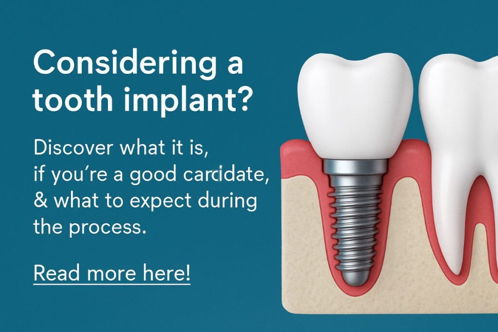 A close up image of a dentist placing a tooth implant into a patients jaw. The dentist and patient are wearing surgical masks. No text on the image.