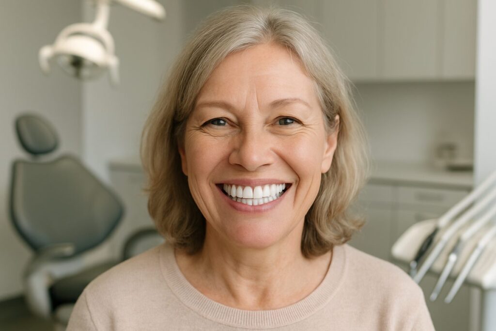 Photo of a smiling middle-aged woman with newly installed full mouth dental implants, showcasing natural-looking teeth. The background is a modern dental office. No text on image.