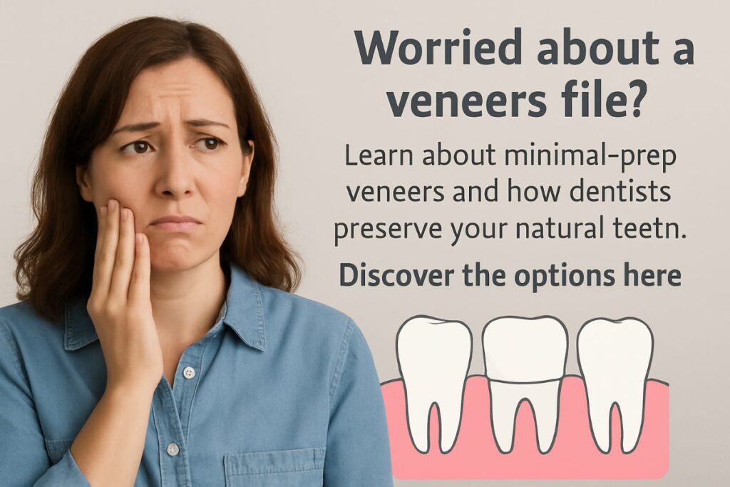 An image depicting a dentist holding an extremely thin veneer, almost translucent, next to a tooth, illustrating how minimal the "filing" or preparation needs to be for modern veneers. No text on the image.